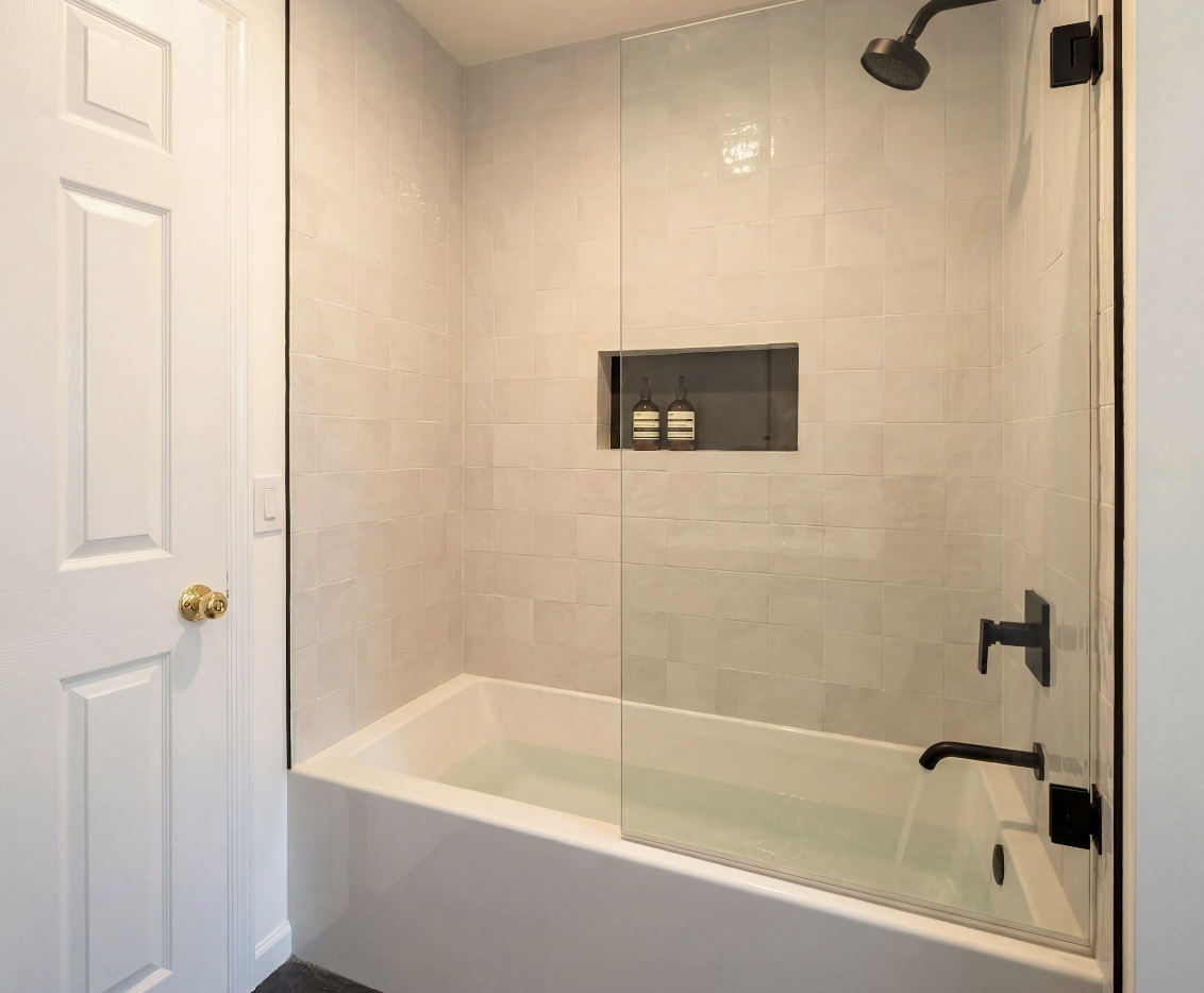 Modern tub and glass shower with neutral tile and matte black fixtures in renovated bathroom.