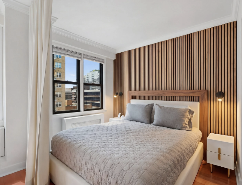 Contemporary Manhattan bedroom renovation with wood accent wall and city views.