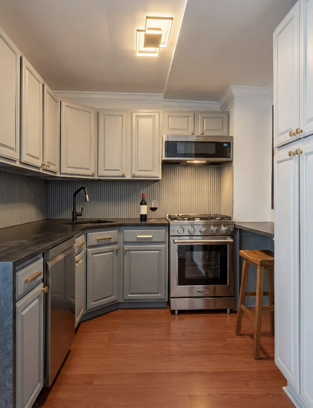 Compact condo kitchen renovation with gray cabinetry and stainless steel appliances.