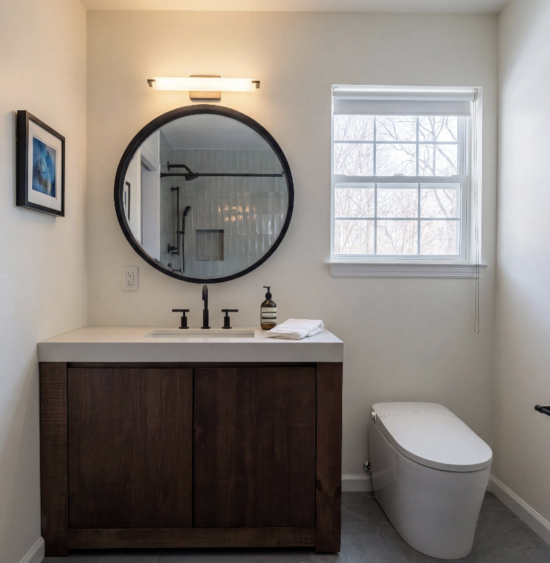 Minimalist bathroom renovation featuring dark wood vanity, round mirror, and modern toilet.