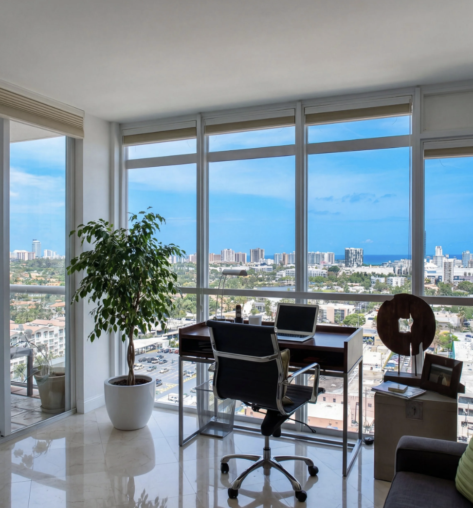 Miami Beach condo home office with floor-to-ceiling windows and ocean views.