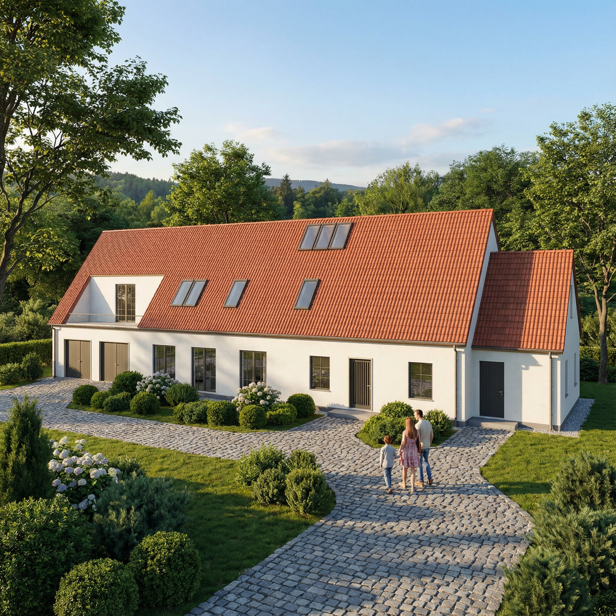 Familie går på stien foran et moderne villa med hvid facade og rødt tegltag i en frodig have.