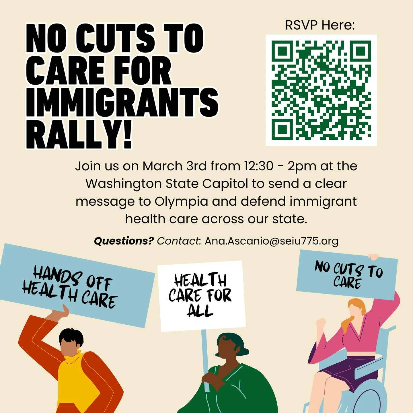 🚨🗣️NO CUTS TO CARE FOR IMMIGRANTS🚨🗣️ This October, a total of 30,000 immigrants will lose their health care. Join us on March 3rd at the Capitol from 12:30-2pm to tell lawmakers to fix the budget and fund care for all! RSVP Here: https://secure.n