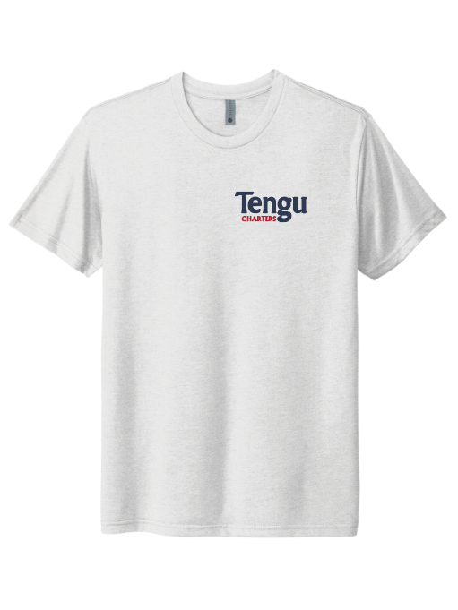 Tengu Charters heather white T-shirt with front logo, ideal for king salmon fishing trips in the Pacific Northwest