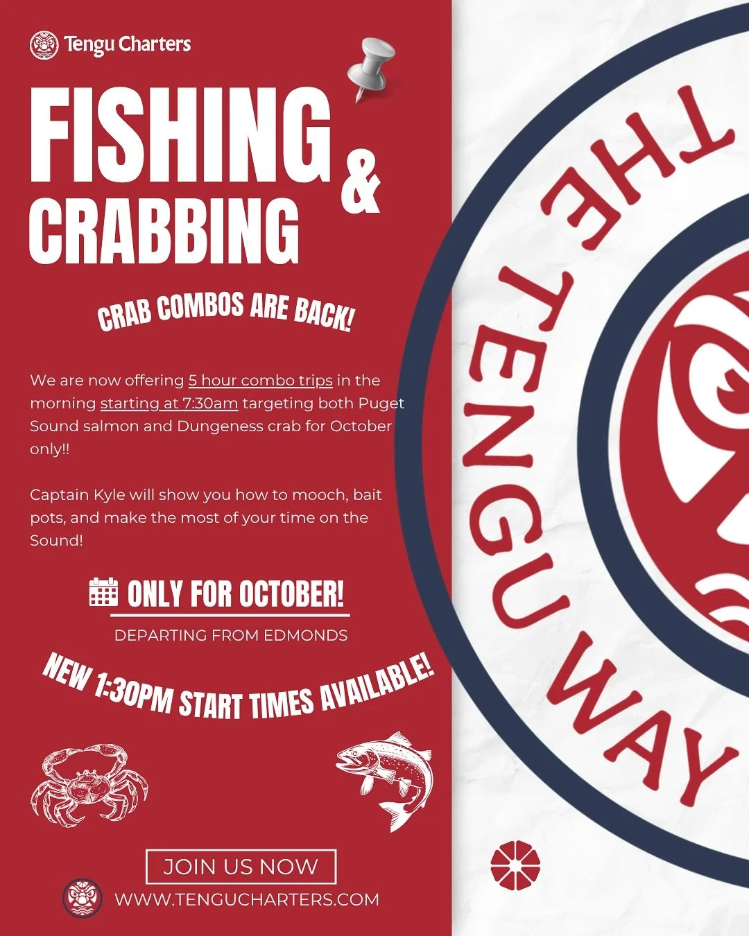 Salmon &amp; Crab Combo Trips are back! For October only, join us at 7:30am for a 5-hour adventure targeting Puget Sound salmon and Dungeness crab. 

Cooler weather means less competition and better chances to fill your cooler! Captain Kyle will guid