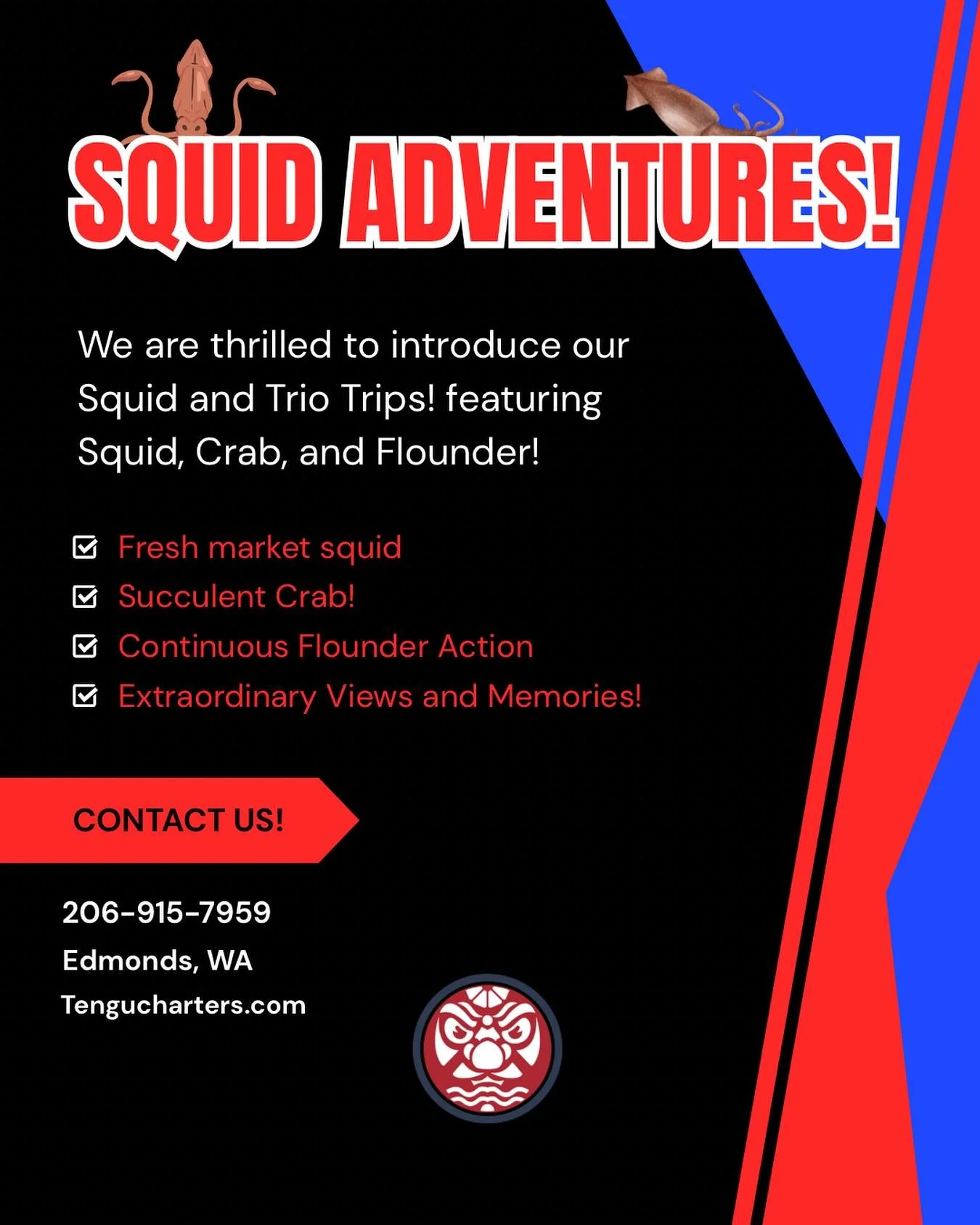 Ready for the ultimate catch? Join our new Squid Trips or go all in with a Trio Trip! squid, crab &amp; flounder! Don&rsquo;t miss out! book today and reel in the fun! 🦑🦀🐟

#squid #squidfishing #marketsquid #dungenesscrab #crab #salt #saltlife #fi