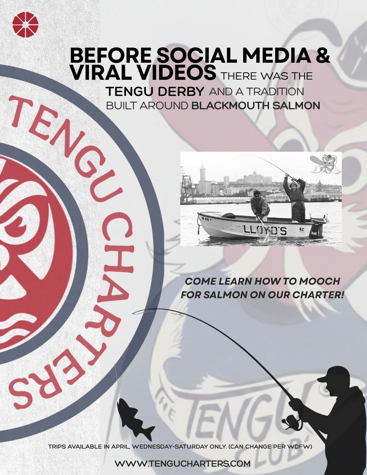 Before social media and viral videos. There was the Tengu Derby and a tradition built around Blackmouth Salmon. That same mindset carries on today. Early mornings, patient drifts, and classic mooching for resident Chinook.

+ Shared trip: $230 per pe