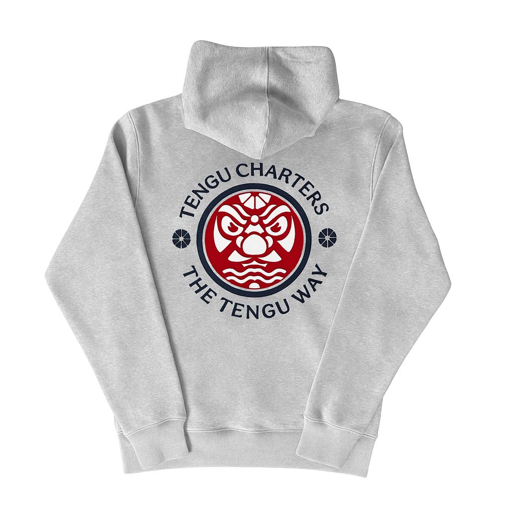 Back of Tengu Charters gray sweatshirt with circular crest logo for Pacific Northwest boat wear