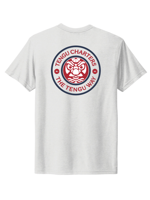 Back of Tengu Charters heather white fishing shirt with red Tengu mask and 'The Tengu Way' circular design