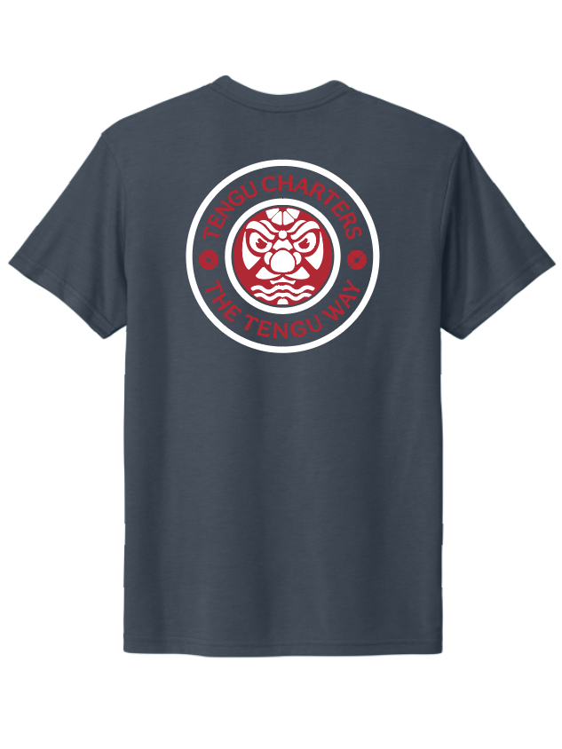 Back of Tengu Charters legion blue T-shirt featuring Tengu mask crest for salmon fishing style