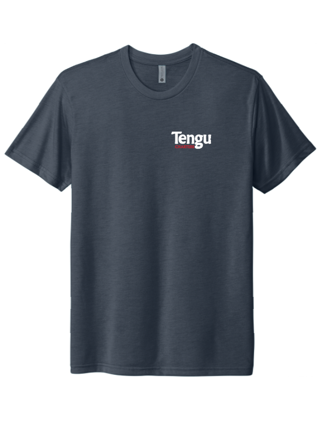 Front of legion blue Tengu Charters T-shirt with minimalist chest logo for Pacific Northwest anglers