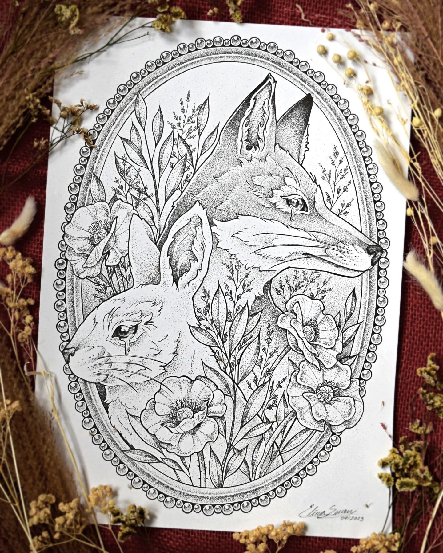 Fox and Bunny 🧡

I don't know why it took me so long to share this. 
It's been done since last year already. 
I always take so long to make a drawing since I am so busy working on custom designs for the tattoos I do. (Which I of course also love to 