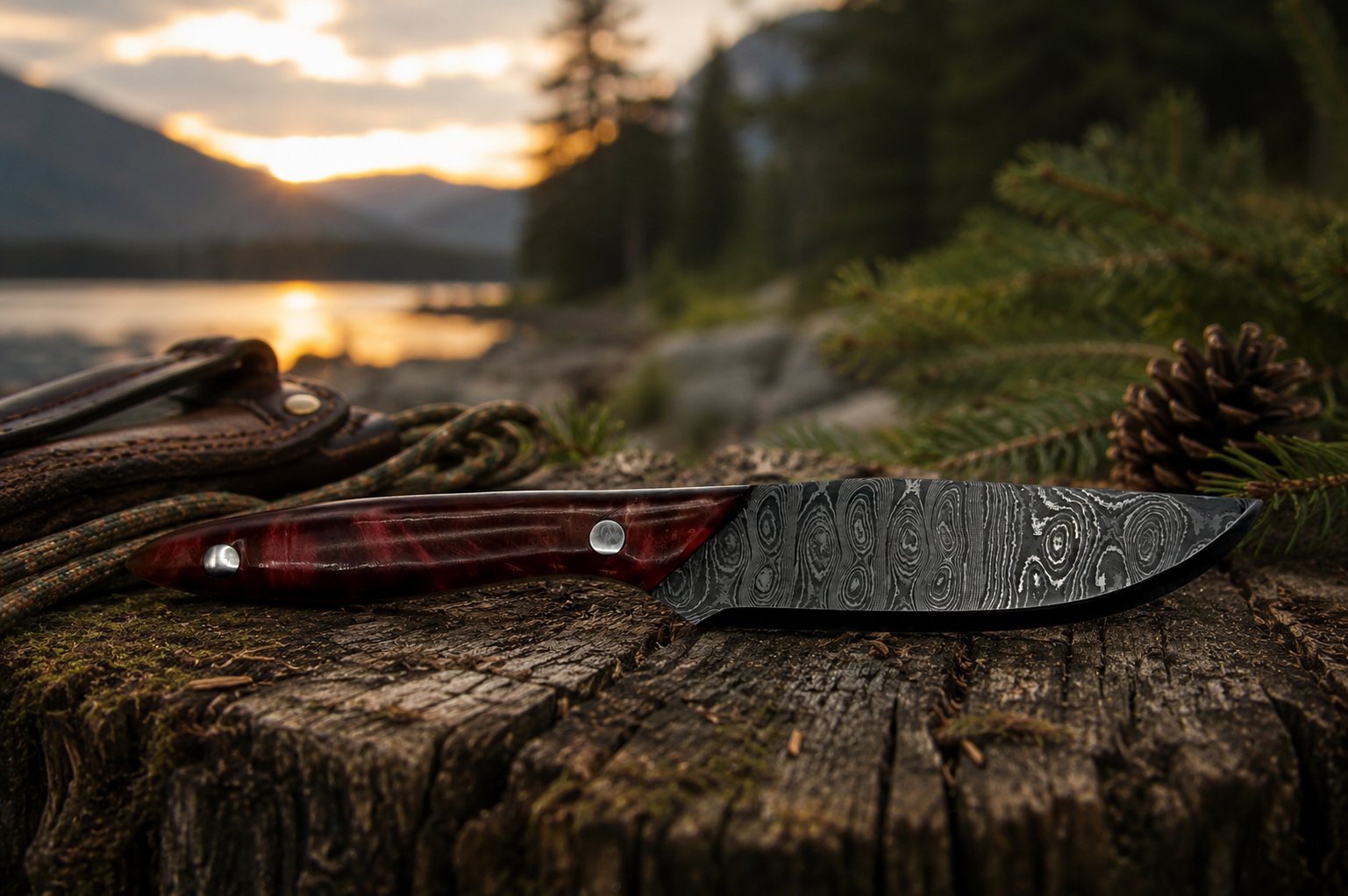 6.25" Damascus General Purpose Knife with Red Resin Handle