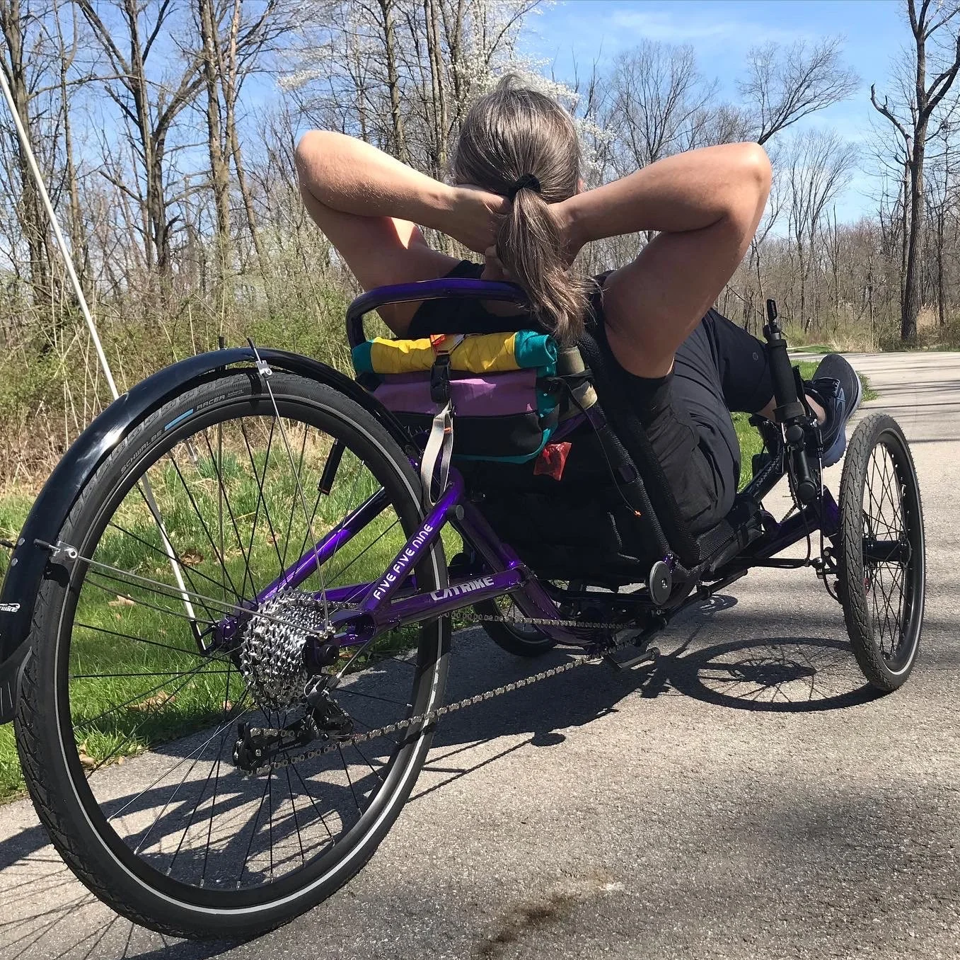 Woman relaxing on a recumbent trike