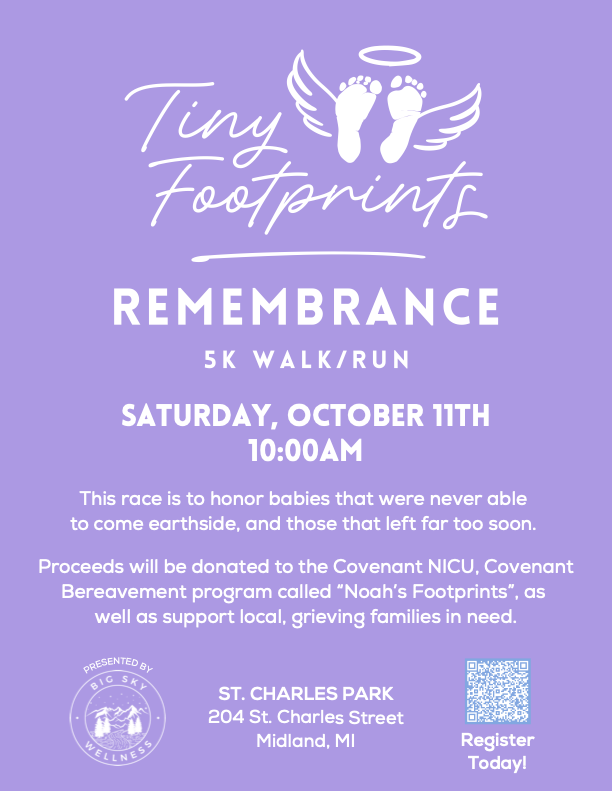 Event poster for Tiny Footprints Remembrance 5K walk/run on October 11th at 10:00 AM at St. Charles Park in Midland, Michigan. The poster features white text on a purple background, a pair of baby footprints with angel wings and a halo, and a QR code for registration.