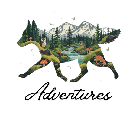Artistic design of a dog silhouette with pacific northwest dog on adventure with elements of nature within the image such as an owl, river, mushrooms