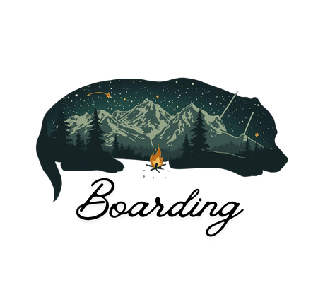 Sleeping dog in Portland Oregon during a dog boarding stay, image shows dog silhouette with mountains and a fire and stars.
