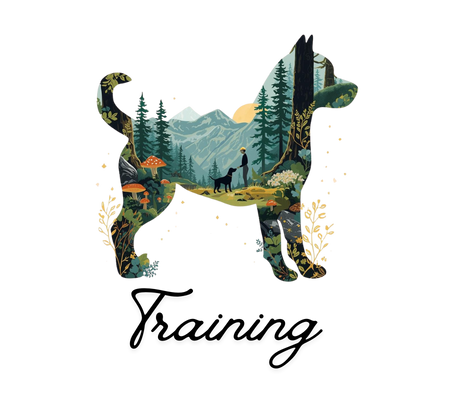Artistic rendition of pacific northwest imagery in nature inside a silhouette of a dog. Showing a person training a dog outdoors within the image. Dog training skills for the off-leash outdoor adventure dog.