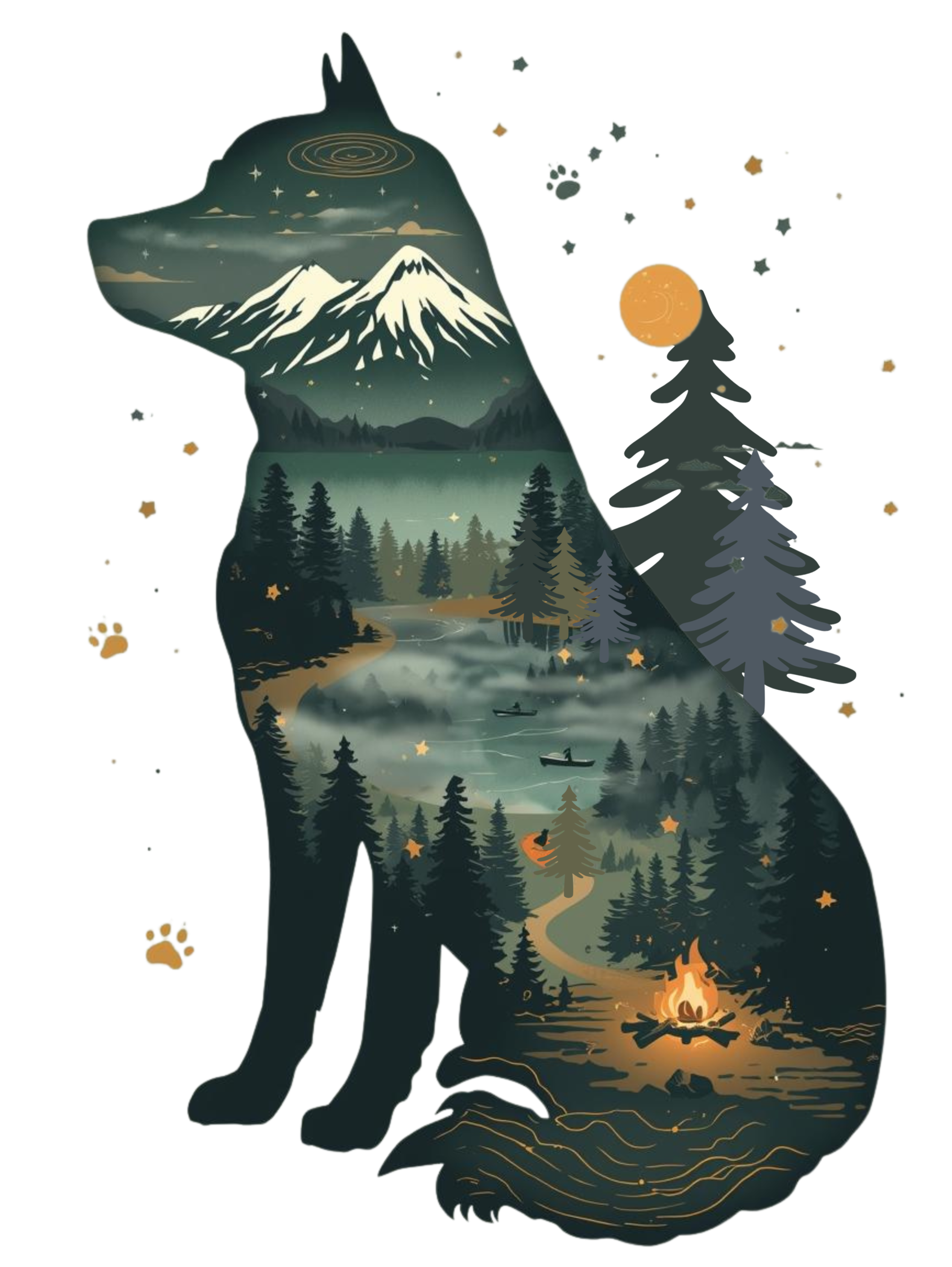 Illustration of a wolf silhouette filled with a scenic nature landscape including mountains, forest, river, boat, campfire, and night sky.