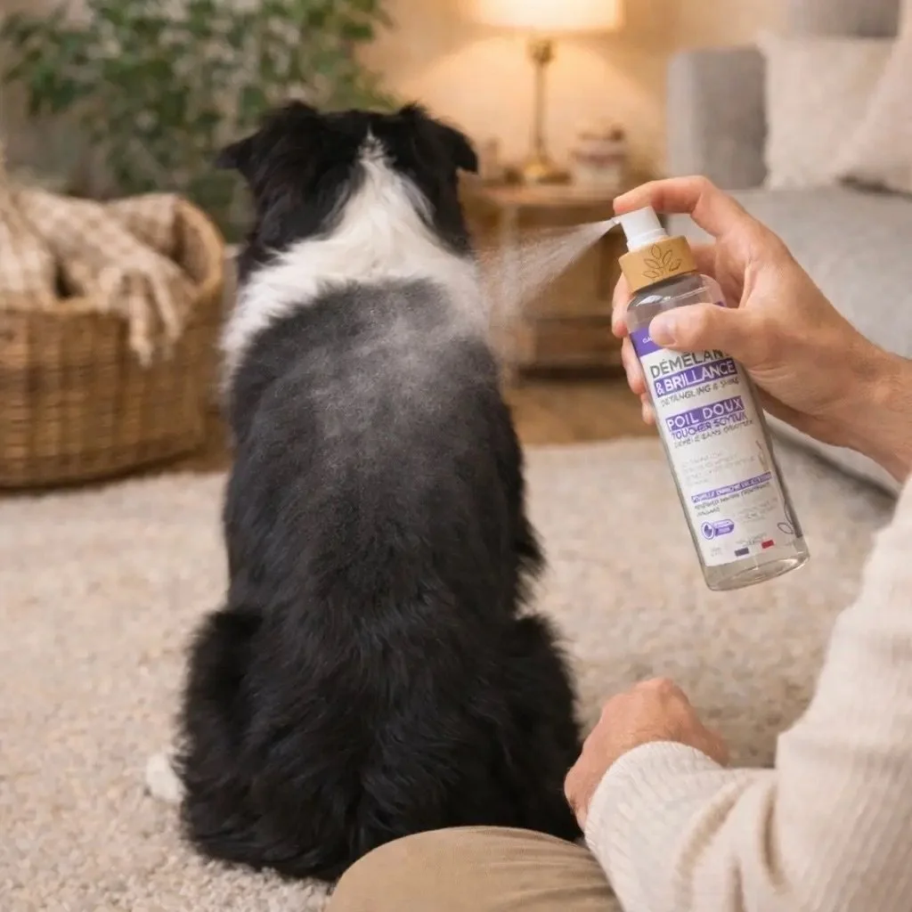 Brossage d'un chien avec le démêlant naturel Nellumbo