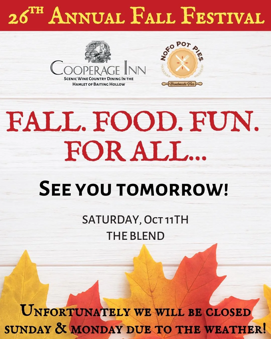 Let&rsquo;s make the most of Saturday! Unfortunately, due to the weather, we&rsquo;ll be closed Sunday &amp; Monday this weekend 🌧️ We&rsquo;re so sorry for the inconvenience! But let&rsquo;s make the most of tomorrow! 

🎶 The Blend hits the stage 