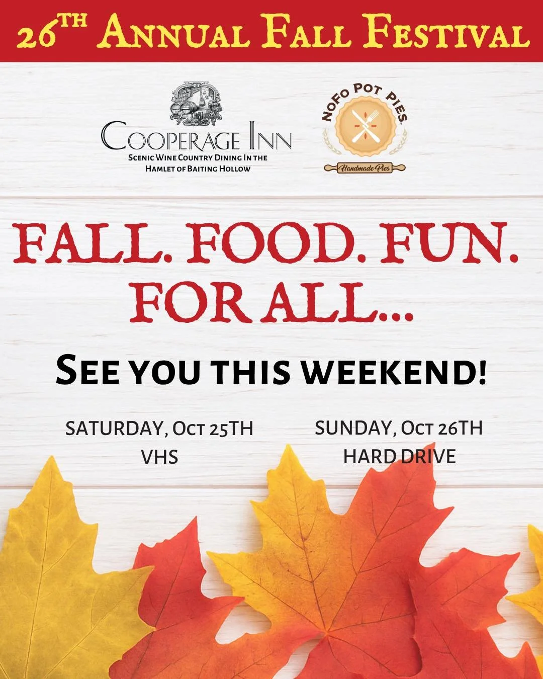 Let’s send fall off with a bang! 🍂🎸 The FINAL weekend of our Fall Festival is here with VHS rocking the stage Saturday and Hard Drive keeping the party going Sunday! Don’t miss the last hurrah of the season! 🍻🎶 
Doors open at 12PM! M