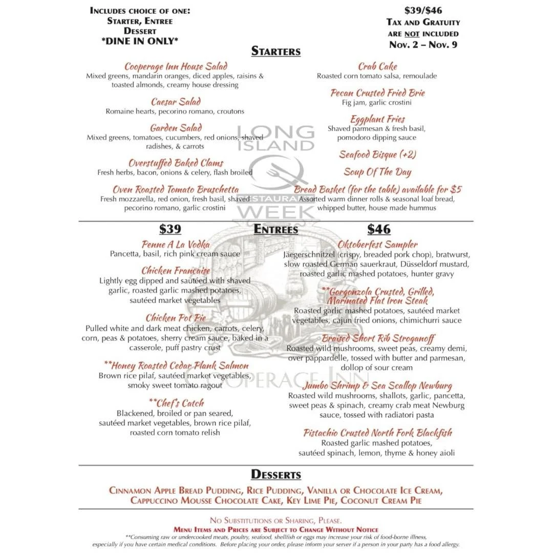 The wait is over! Long Island Restaurant Week starts today! From Nov 2&ndash;9, experience a 3-course lunch or dinner at $39 or $46, featuring seasonal dishes crafted just for the occasion 🤩 

Reservations strongly suggested! 

#longisland #longisla