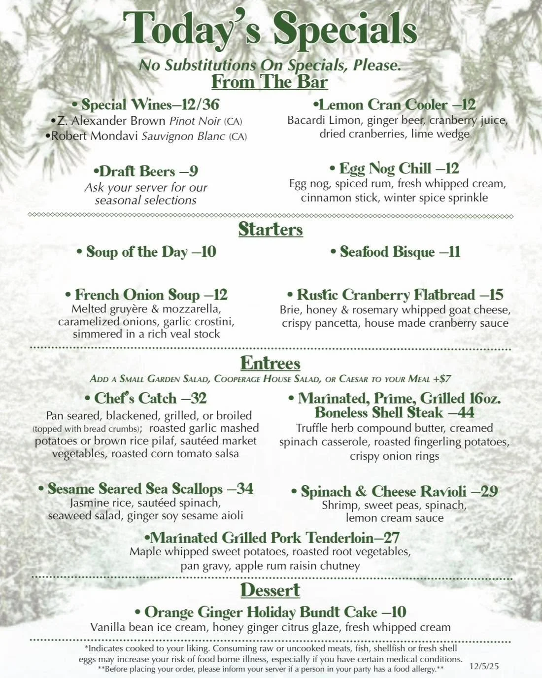 Holiday festivities have arrived at the restaurant! Check out our specials menu this week for a little extra holiday cheer! 🎄

#happyholidays #holidayseason #weeklyspecials #specialsmenu #northfork