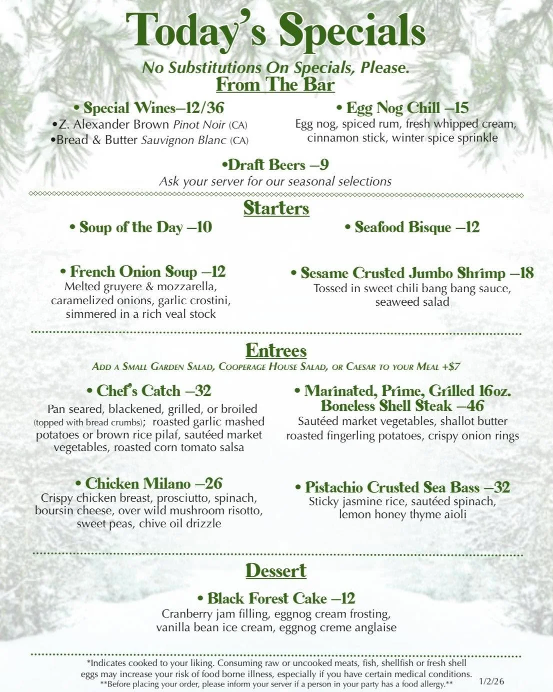 New year. New specials 🎊 We&rsquo;re starting it off right with fresh weekly specials you&rsquo;ll love. Let&rsquo;s eat! 

#weeklyspecials #chefsspecials #newyear #2026 #cheers