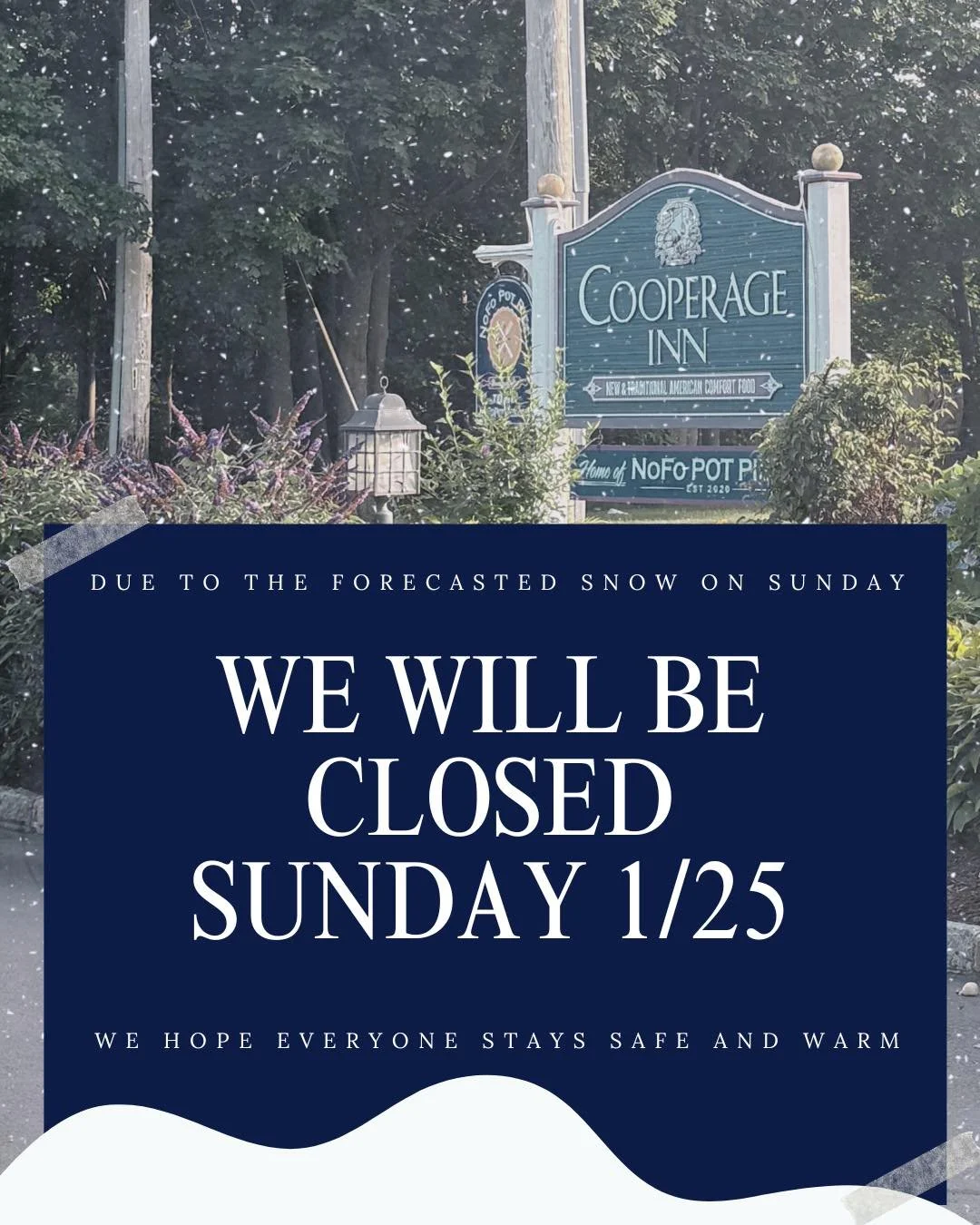 Due to the forecasted snowstorm, the restaurant will be closed on SUNDAY 1/25. We hope everyone stays warm, safe, and hungry for when we reopen! 🍽️❄️
