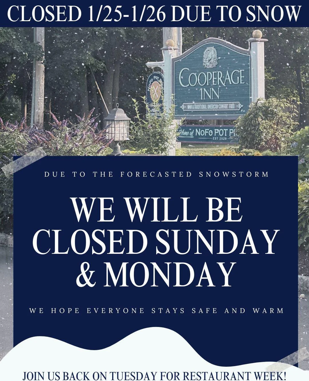Unfortunately, due to the winter storm we will be closed today and tomorrow ❄️ We&rsquo;ll be back Tuesday just in time for Restaurant Week! We know you&rsquo;ve bee waiting but hang in there, it&rsquo;ll be worth it 🤍 Stay safe!