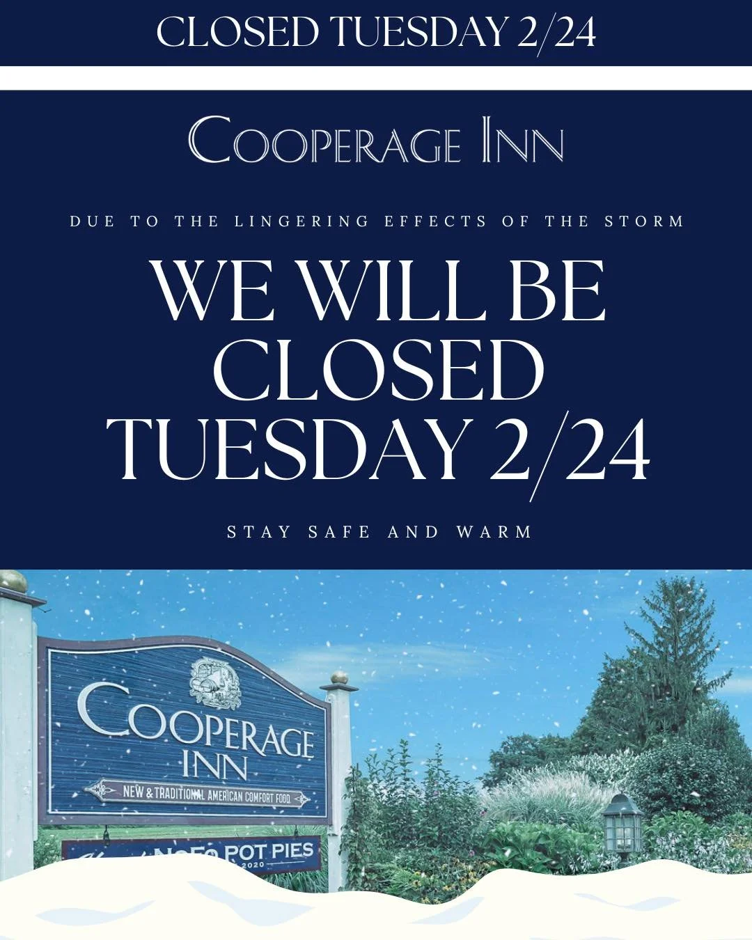 Out of caution with lingering storm conditions, we&rsquo;ll be closed today, Tuesday 2/24. Thank you for understanding and we&rsquo;ll see you Wednesday for a cozy night out and your favorite dishes! ❄️