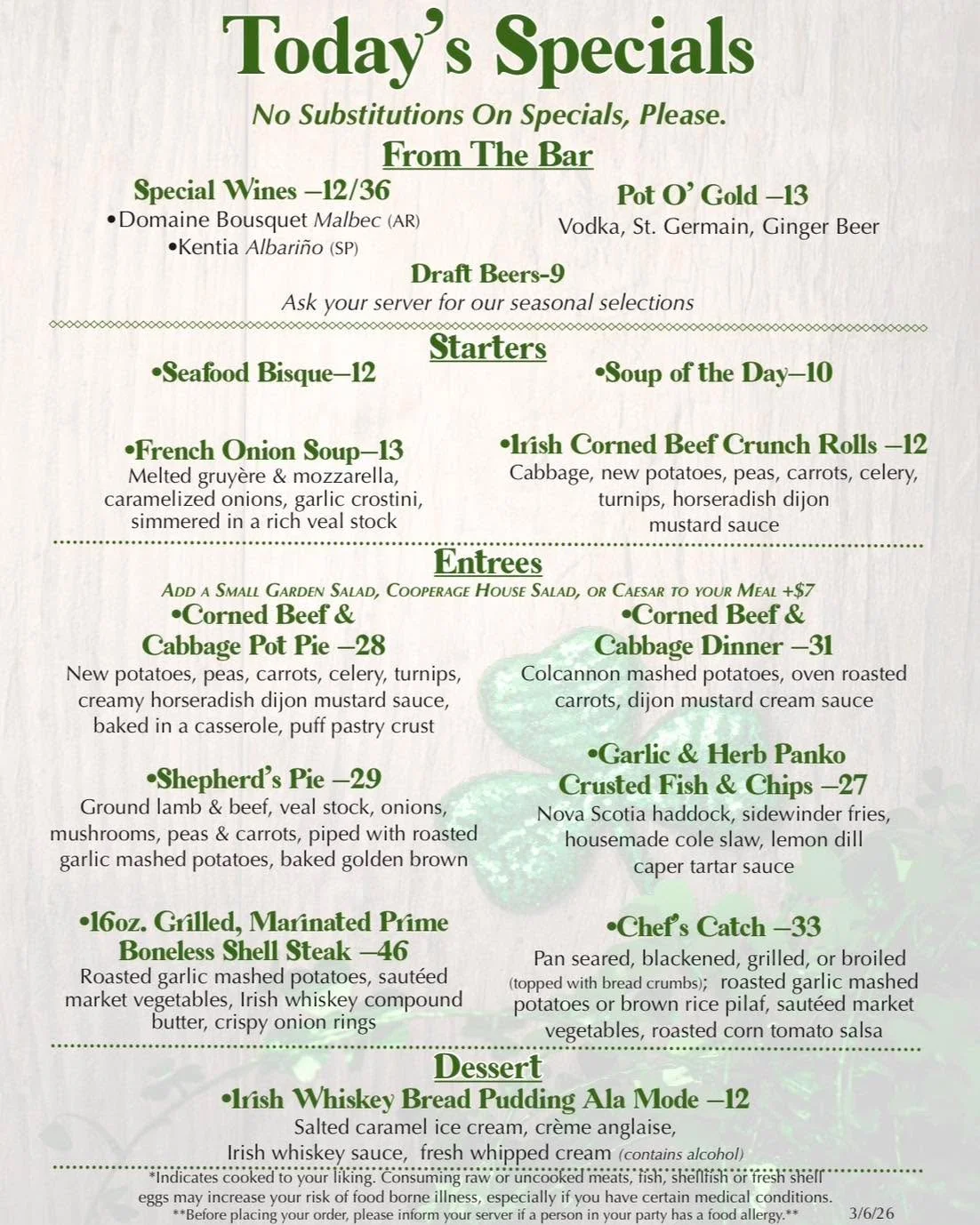 ☘️ St. Paddy&rsquo;s Week Specials are here and better than ever! Celebrate with Irish classics like Corned Beef &amp; Cabbage and Shepherd&rsquo;s Pie, plus more festive favorites all week long!