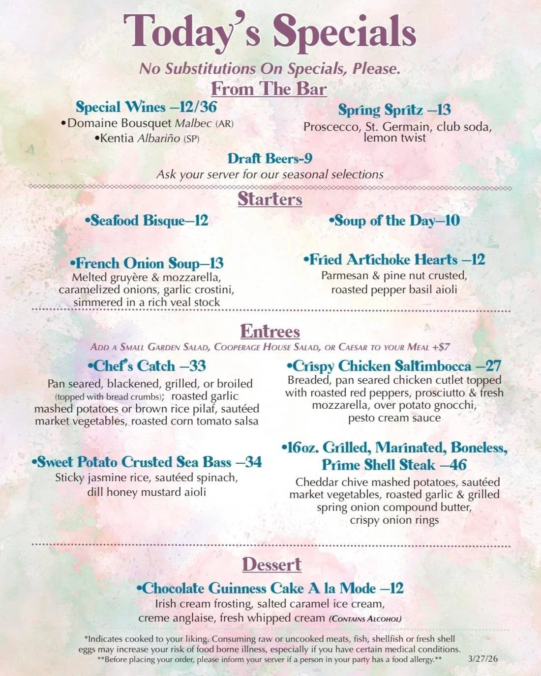 This week&rsquo;s specials at The Cooperage ✨ and our personal FAV you need to try&hellip; Crispy Chicken Saltimbocca! Breaded, pan-seared chicken cutlet topped with roasted red peppers, prosciutto &amp; fresh mozzarella, served over potato gnocchi i