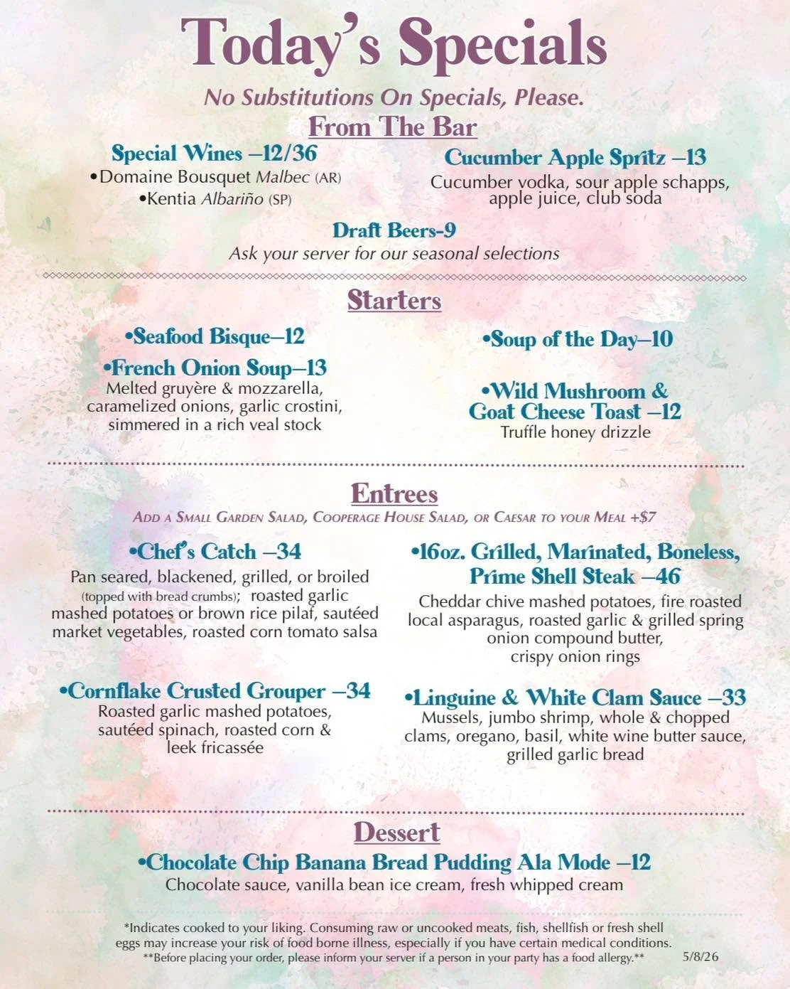 Enjoy our specials available today and tomorrow at the The Cooperage Inn! Start your evening with Wild Mushroom &amp; Goat Cheese Toast, then finish strong with Linguine in White Clam Sauce! 

All the flavors in one dinner experience 🍽️