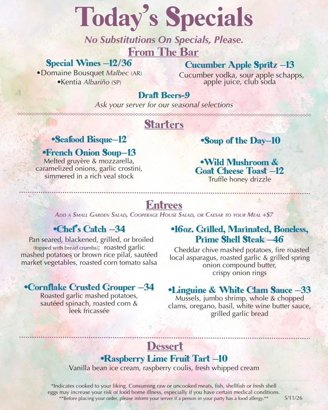 New specials for this week available through Friday! Don&rsquo;t miss our updated dessert special:
Raspberry Lime Fruit Tart 🍋&zwj;🟩🍓 Served with vanilla bean ice cream, raspberry coulis &amp; fresh whipped cream.