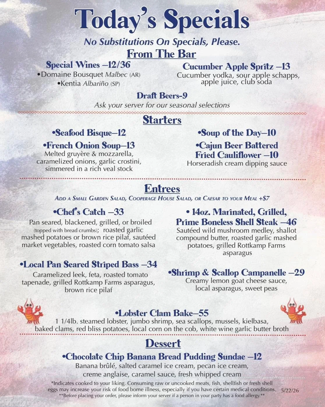 New specials for #MemorialDay and they will continue through the whole week! and yes, our LOBSTER CLAM BAKE IS BACK! 🦞🔥 Don&rsquo;t miss this! Reservations are highly encouraged this weekend!