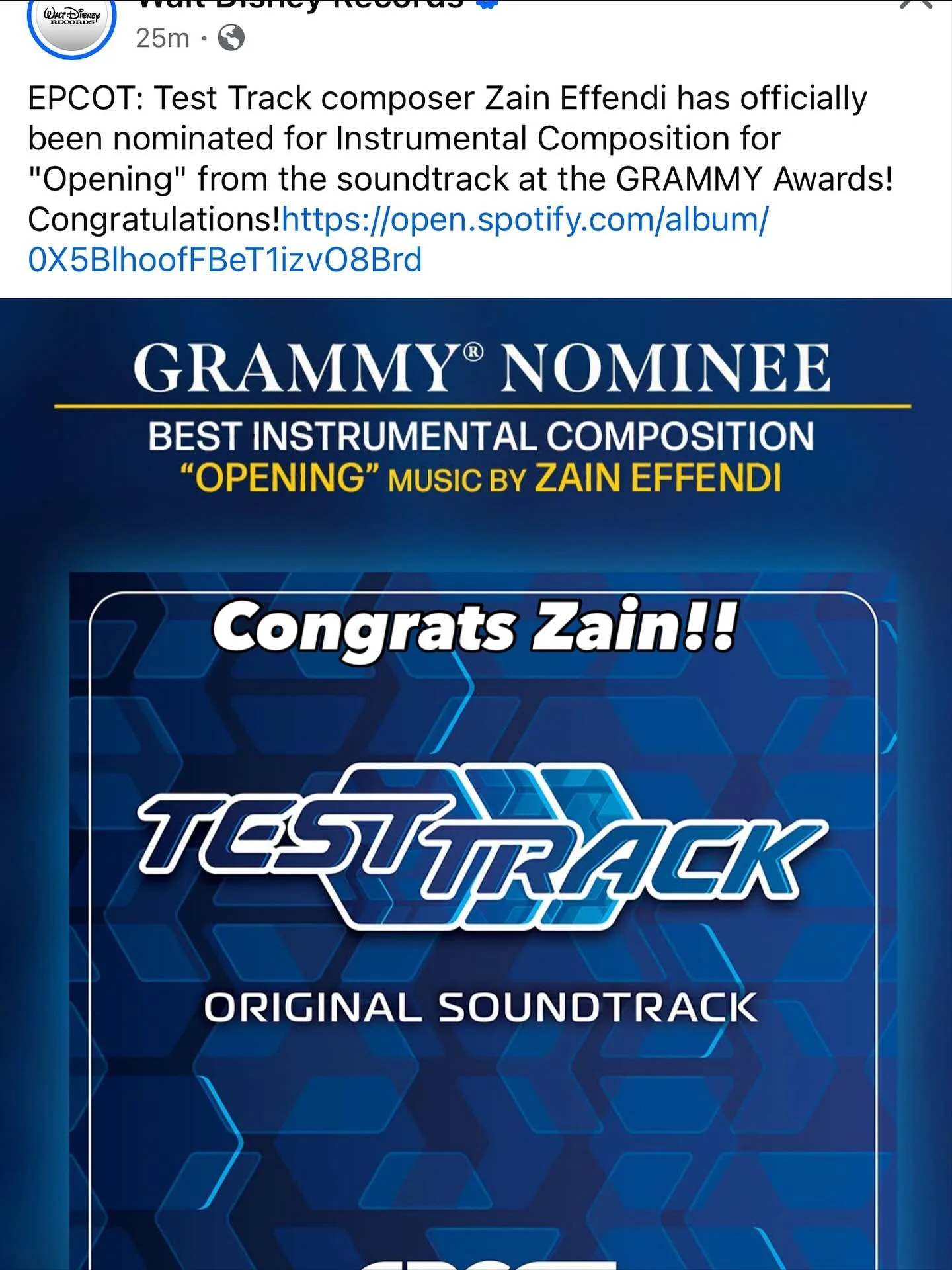 Congrats to our friend and guest @zaineffendi on his Grammy nomination!!!

#testtrack #epcot #disneyparks #disneyworld #grammy @disneymusic @disneyparks