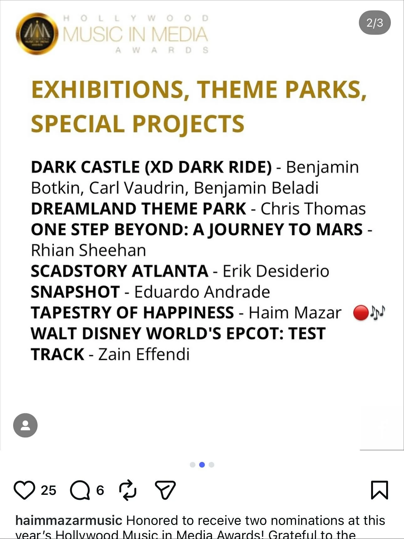 Huge congrats to our friend @haimmazarmusic on his TWO nominations for the Hollywood Music in Media Awards!