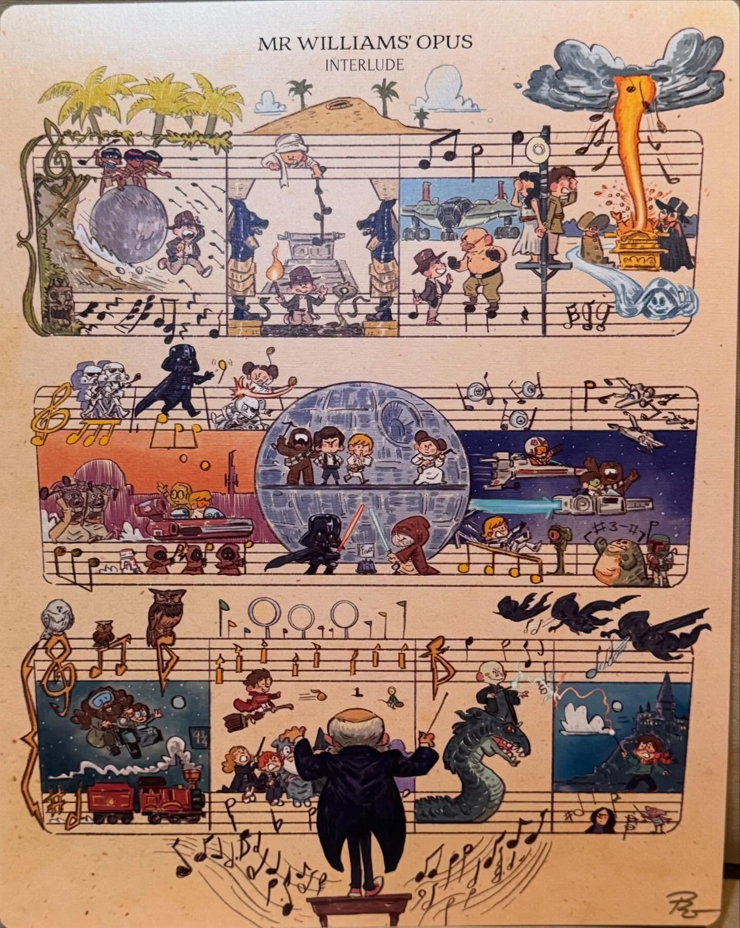 I love this piece by @patrickballesteros that I found at @emeraldcitycomiccon. It&rsquo;s a wonderful and whimsical tribute to the Maestro and his incredible musical impact.

#johnwilliams #starwars #indianajones #harrypotter