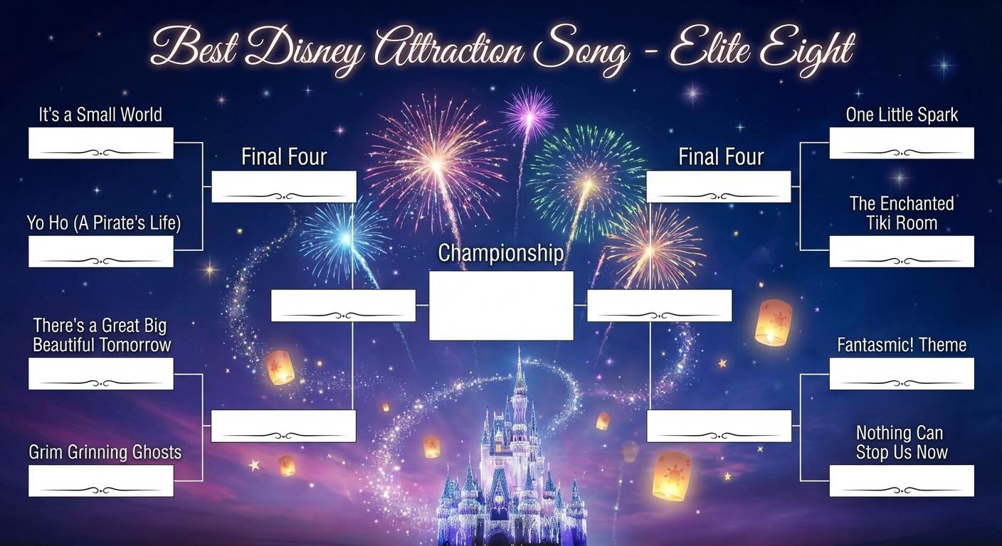 Here it is! The battle for the best Disney attraction song, in a March Madness Elite Eight bracket. Which songs wins?

@disneyparks @disneymusic @waltdisneyworld @disneyland #disneyattractions #disneyrides #marchmadness