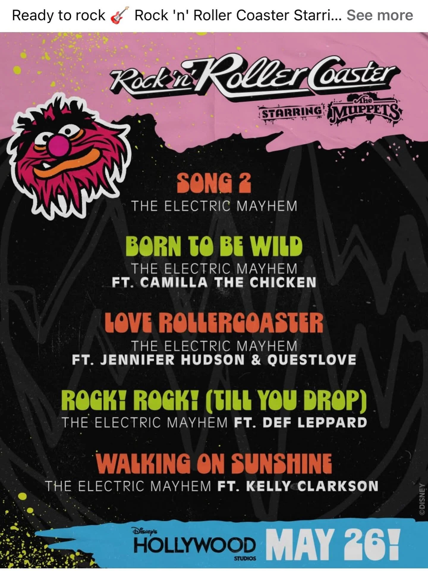 @disneyparks and @waltdisneyworld just released the full track list for the reimaginedRock &lsquo;n&rsquo; Roller Coaster starring @themuppets! What do you think?!

#disneyworld #muppets @kellyclarkson @questlove @defleppard @iamjhud