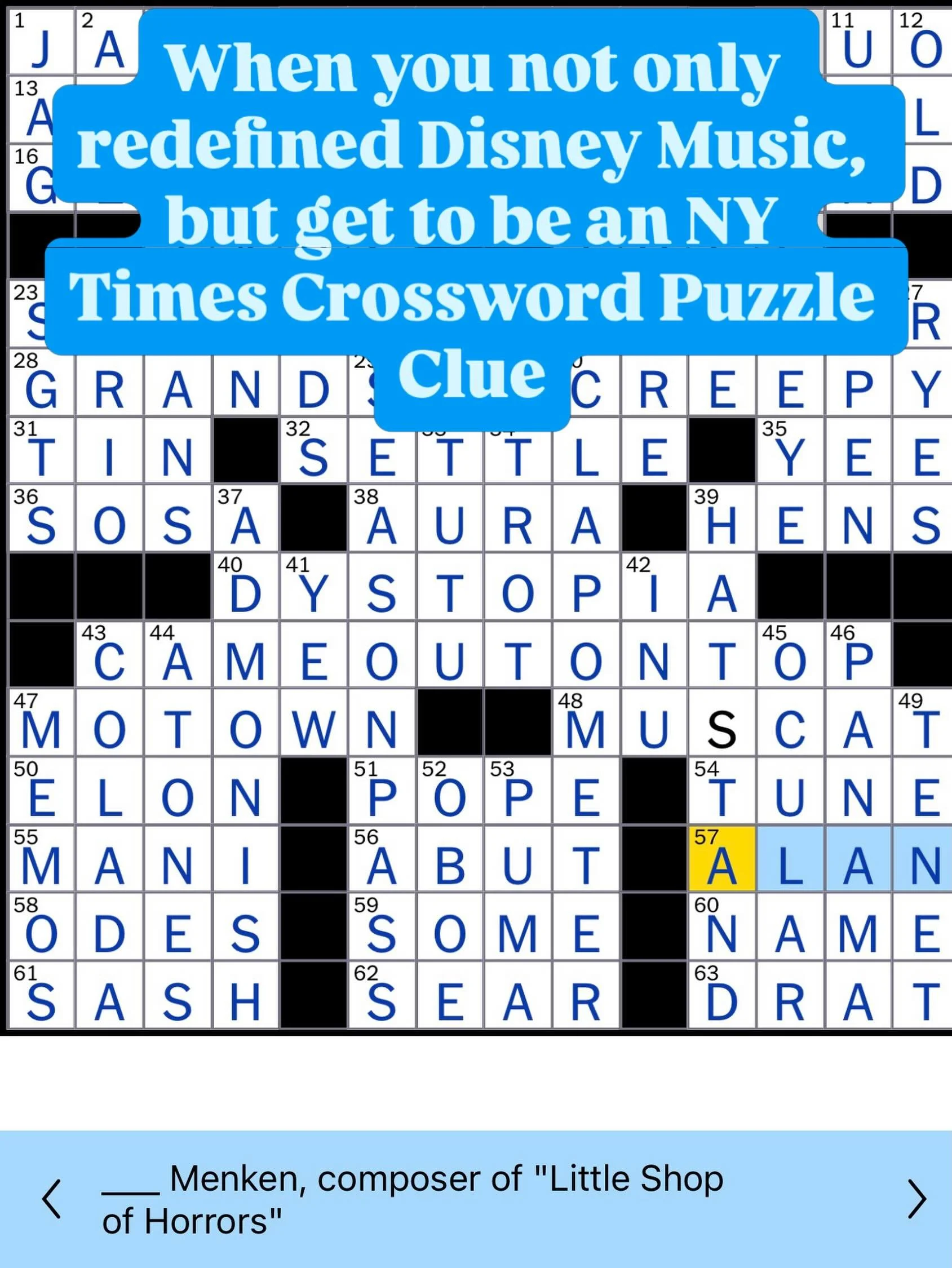 Not only did @alanmenken usher in the Disney Renaissance, change the way stories are told through music, and create some of the most enduring classic songs in animated history, but he was 57-Across in today&rsquo;s NY Times crossword puzzle! 

@disne