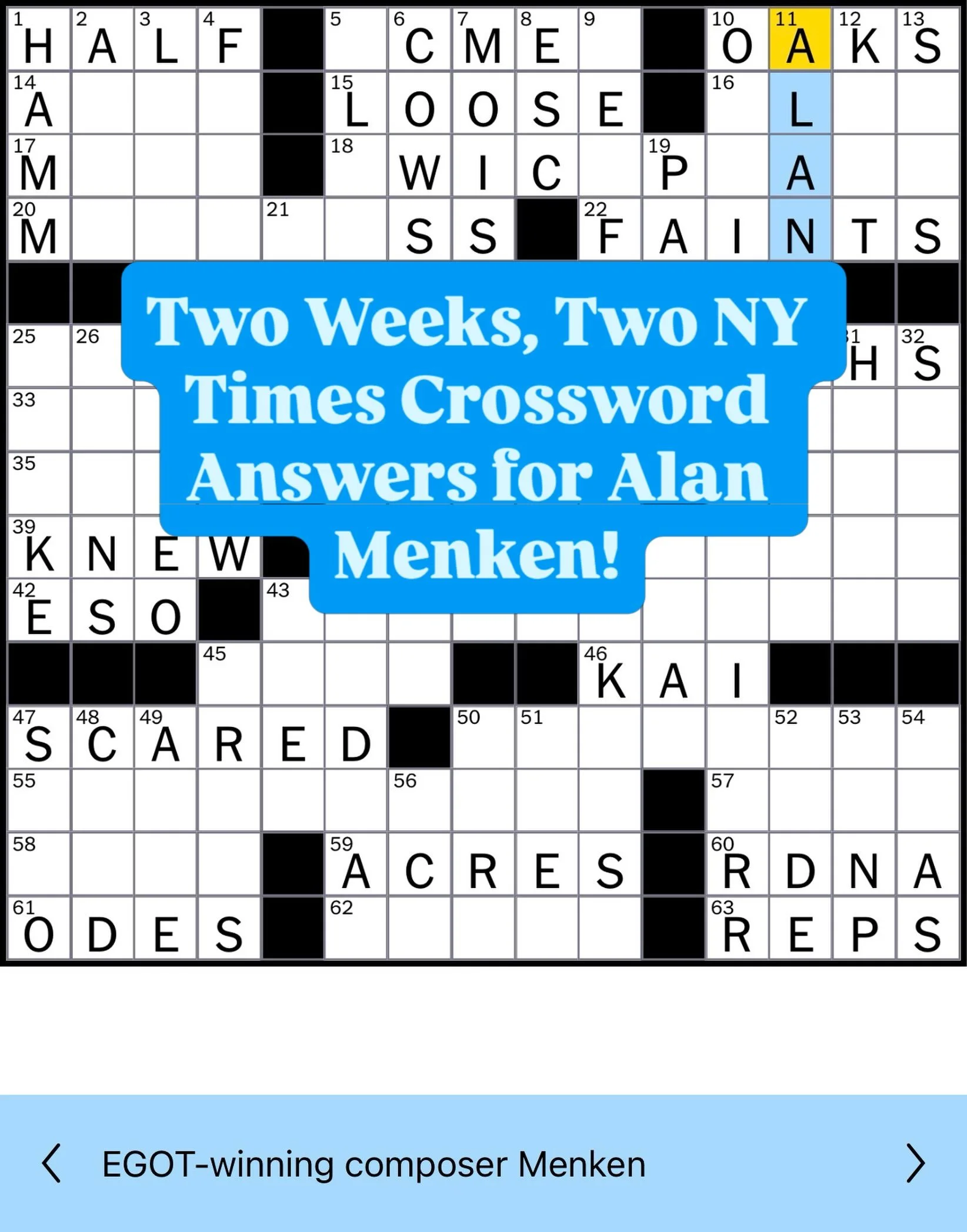 @alanmenken was a NY Times crossword answer two weeks in a row!

#disneymovie #disneyrenaissance @beautymusical @aladdin @disneylittlemermaid @littleshopnyc #tangled @disneymusic