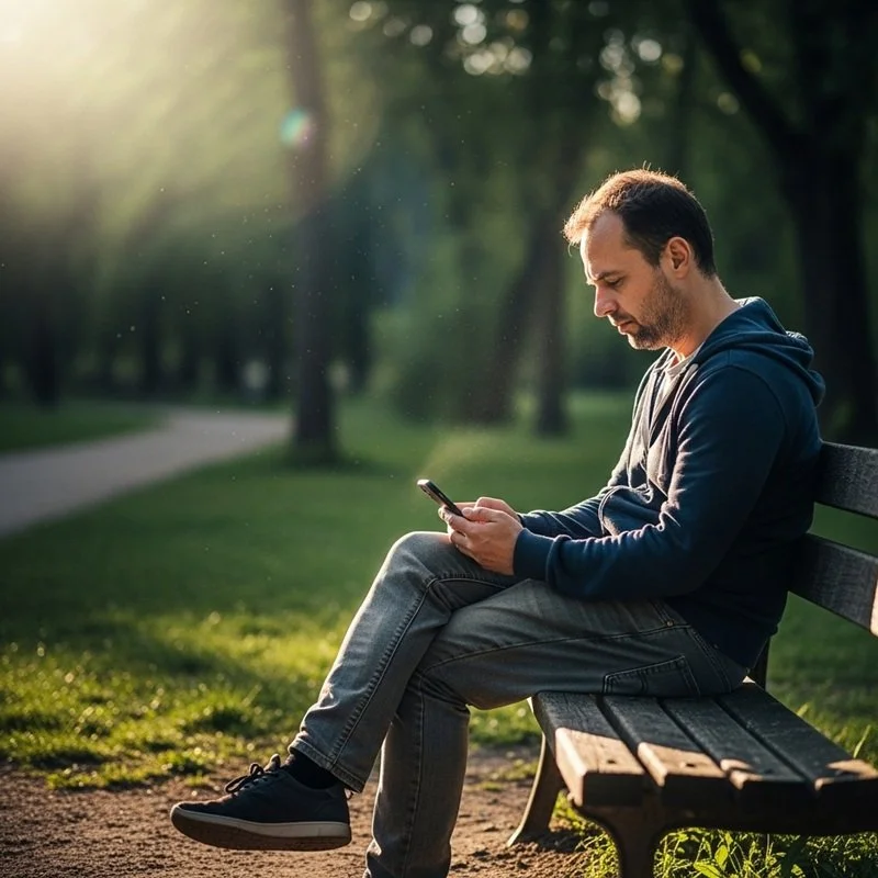 A man alone on a park bench with his cell phone.