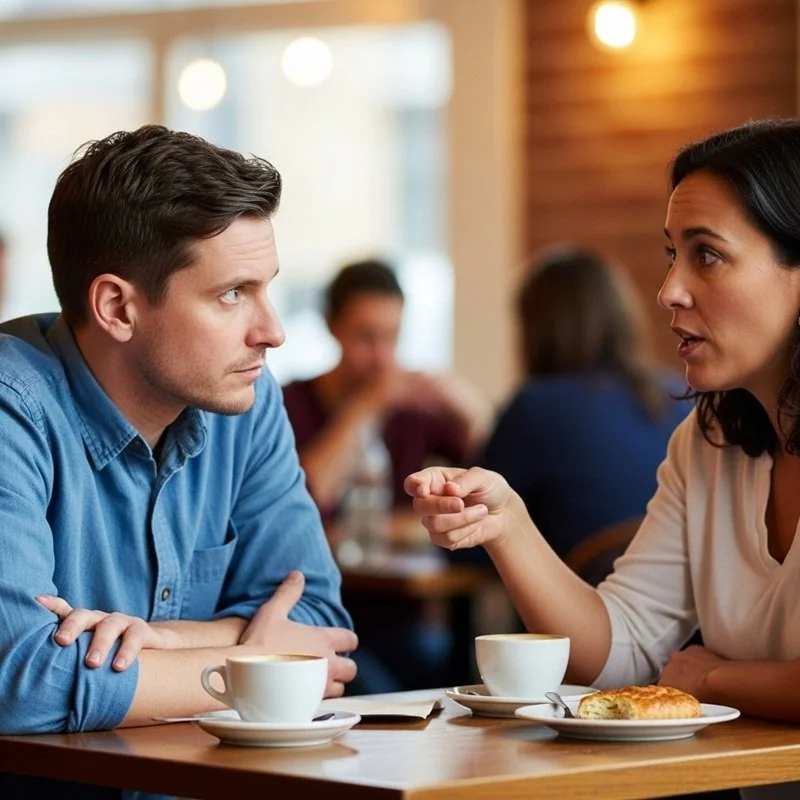 A young man listening intently to a woman speak.