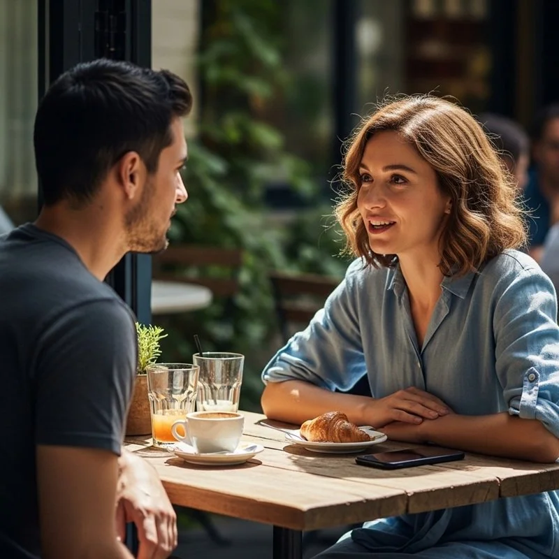 A young couple talking over a meal at a outdoor cafe.