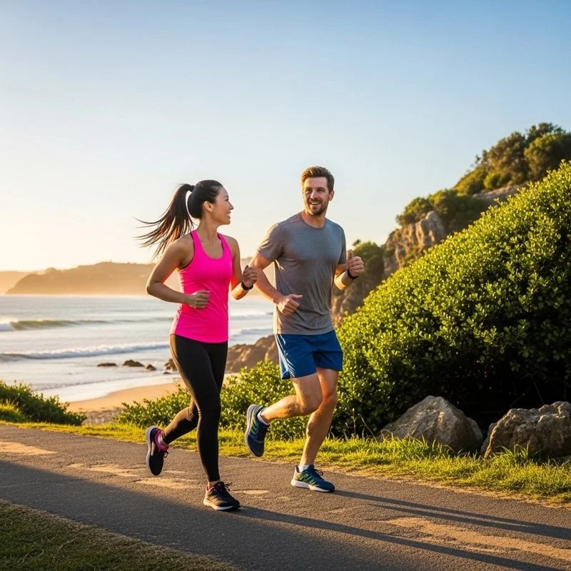 A man and woman jogging together on the coast.