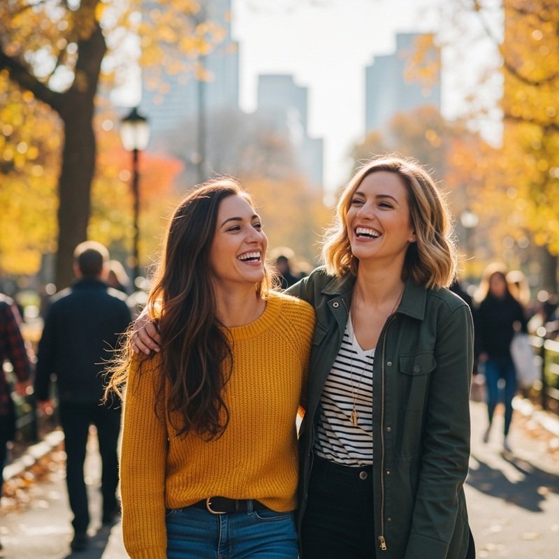 Two female friends walking in an urban park.