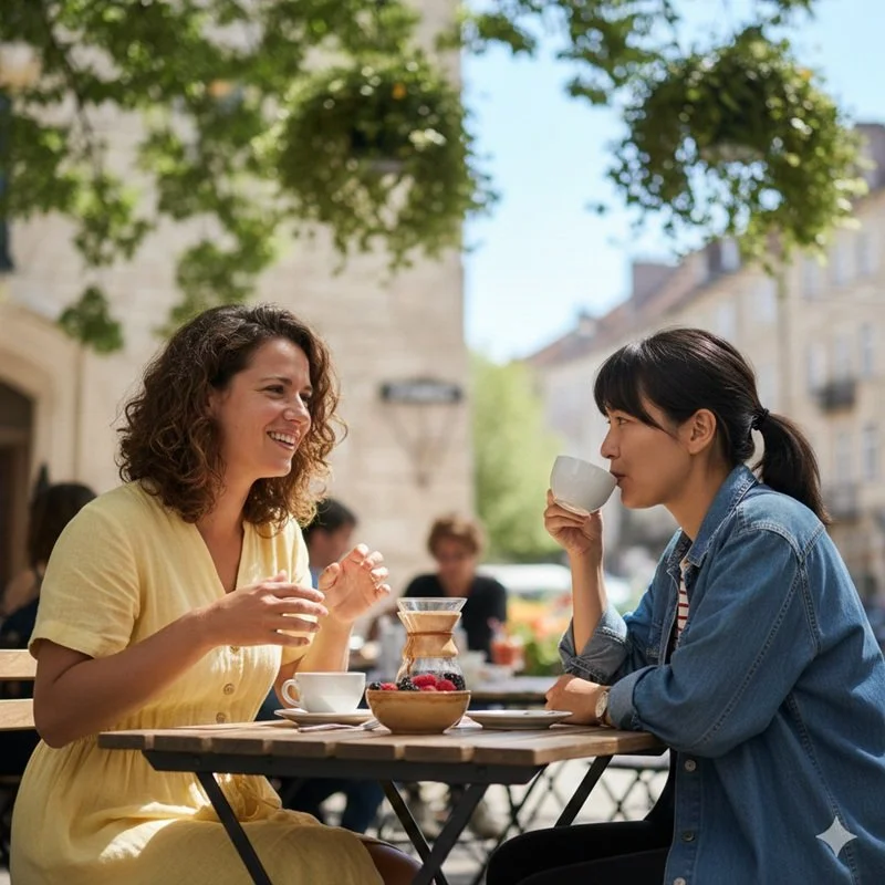 Two women in conversation at an outdoor cafe.
